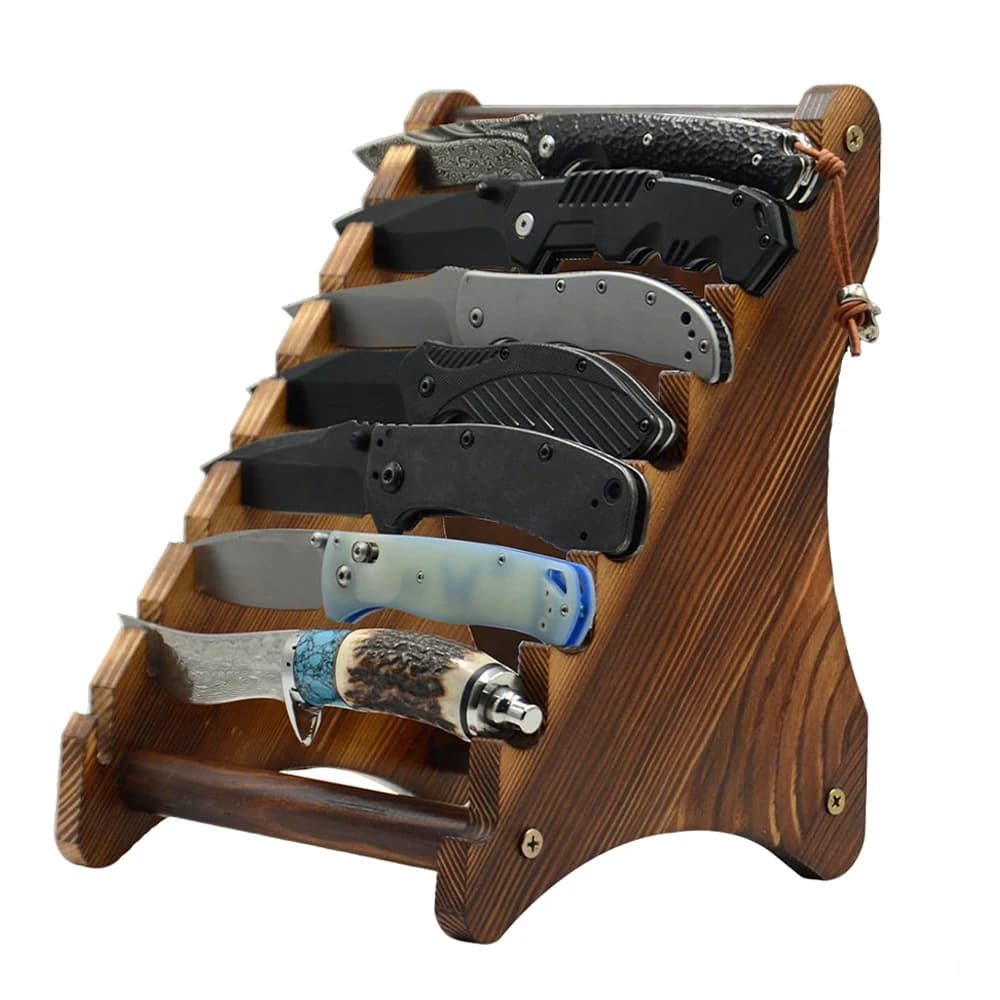Tactical Knife Display Rack 7 Slots Folding Knife Stand Wood Rack Combat Knife Holder Organizer Tactical Knives Collection