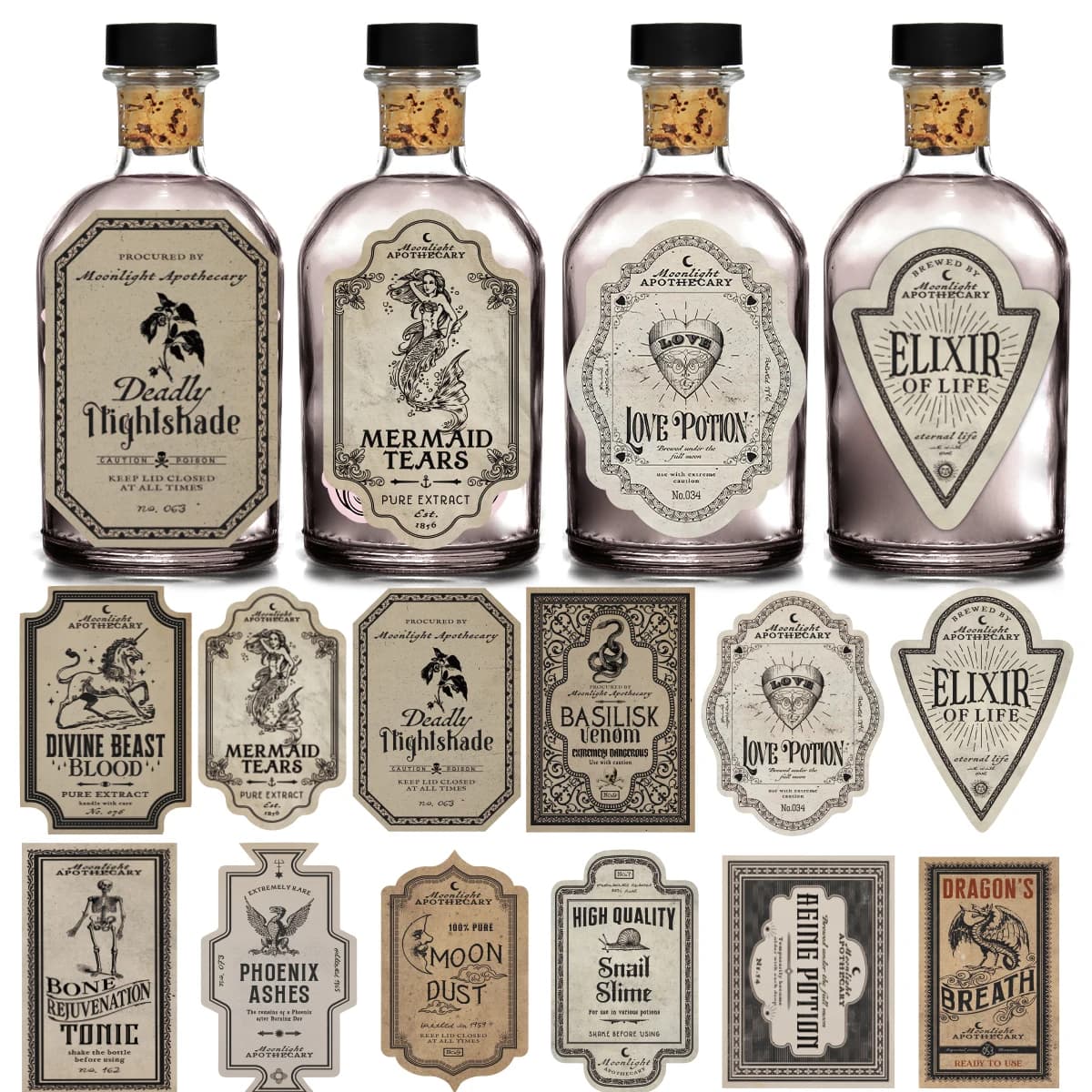 12pcs Retro Fantasy Potion Theme Halloween Bottle Label Stickers,Paper Decals For Magic Potion Wine Glasses,Party Bar Decoration