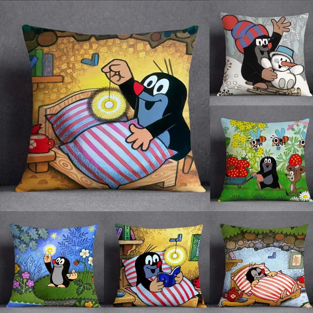 Cute The Little Mole art Pillow Case Square Double-Sided Printing Short Plush Sofa Cushion Cover Bedroom Bedside Pillow