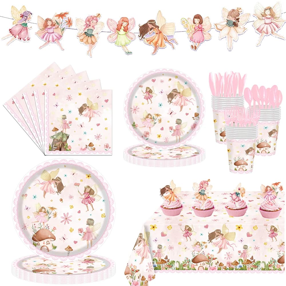 Fairy Party Paper Plates Napkins Tablecloth Cups for Girls Pink Fairy Garden Themed Birthday Party Decoration Tableware Supplies