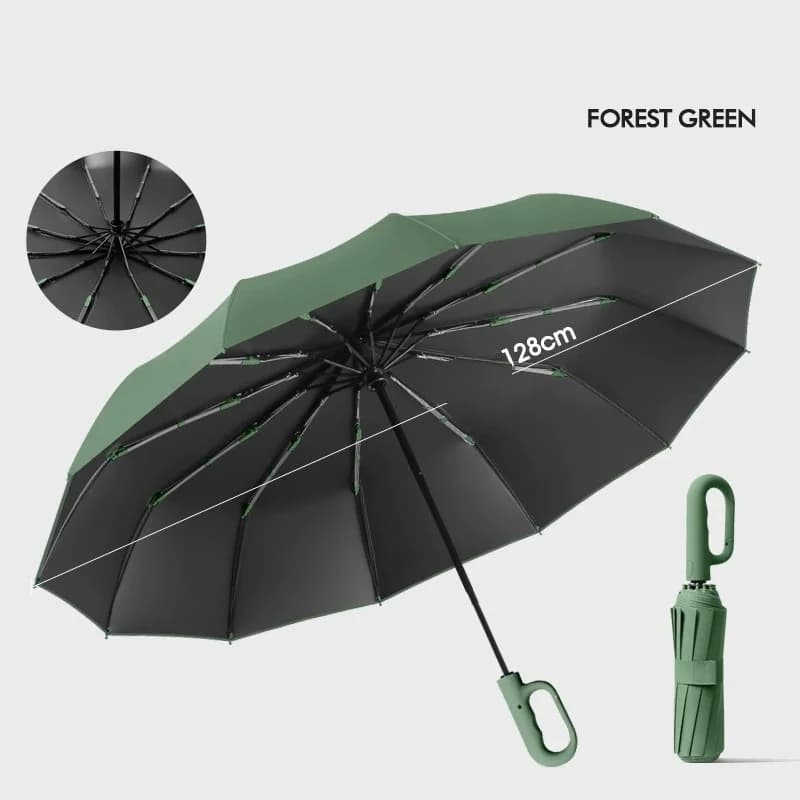 Extra large 12-bone ring buckle umbrella forward fully automatic portable wind-resistant dual-purpose folding rain black glue um