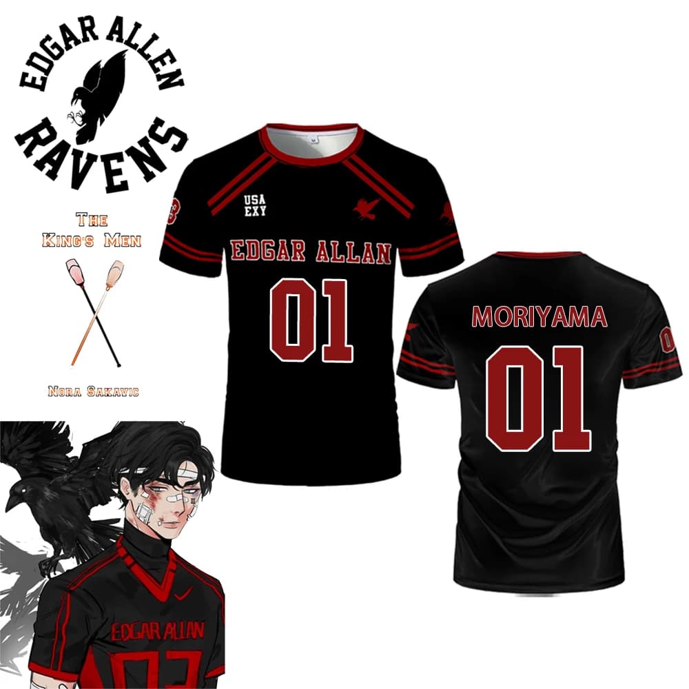 2025 New The Foxhole Court Edgar Allan Ravens Lacrosse Jersey Cosplay Riko Moriyama 3D Tshirt All For The Game Kids Uniform