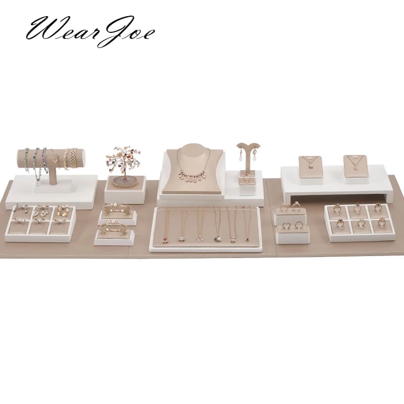 PU Leather Jewelry Store Display Case Ring Earring Bracelet Organizer Tray Pendant Necklace Chain Holder Neckform Stand Showcase