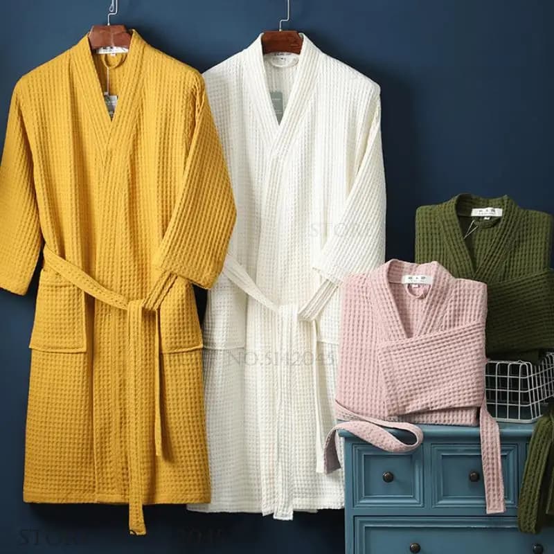 Adult Cotton Waffle Kimono Bathrobe Gown Yukata Couple Robe Negligee with Pocket Loose Casual Home Dress Loungewear Sleepwear