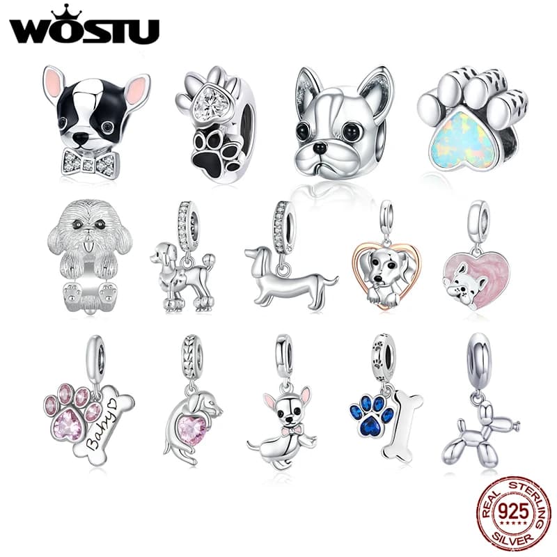 WOSTU Dog Charms Pendant 925 Sterling Silver Zirconia Animal Pooch Doggy Bulldog Beads Fit Original Bracelet Pendant DIY Jewelry