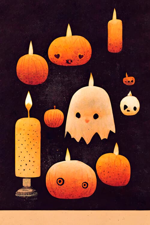 Plakát, Obraz - Candles, Pumpkins And A Ghost, Treechild, 26.7 × 40 cm
