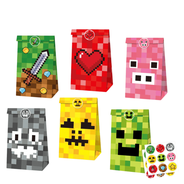 Sada 12 papírových sáčků 22 x 12 x 8 cm a 18 samolepek 3,8 cm s herním motivem Minecraft Kraftové dárkové tašky Gaming párty dekorace